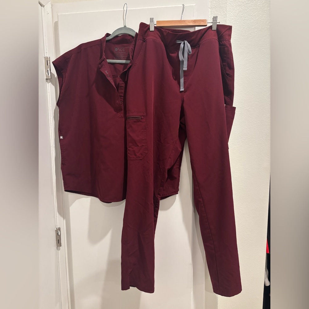 Figs Burgundy Rafaela Scrub Top and Yola high waisted scrub bottoms